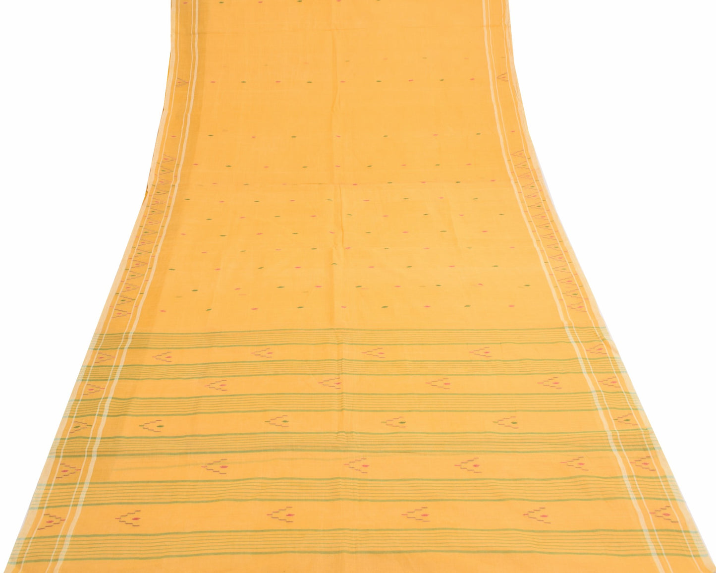 Sushila Vintage Bengal Tant Saree 100% Pure Cotton Yellow Woven 5 YD Sari Fabric