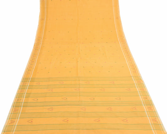 Sushila Vintage Bengal Tant Saree 100% Pure Cotton Yellow Woven 5 YD Sari Fabric