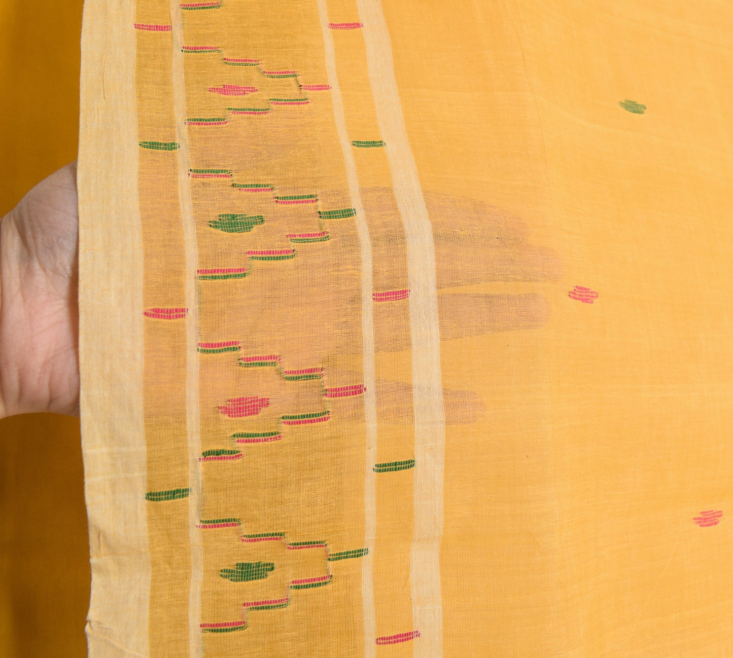 Sushila Vintage Bengal Tant Saree 100% Pure Cotton Yellow Woven 5 YD Sari Fabric