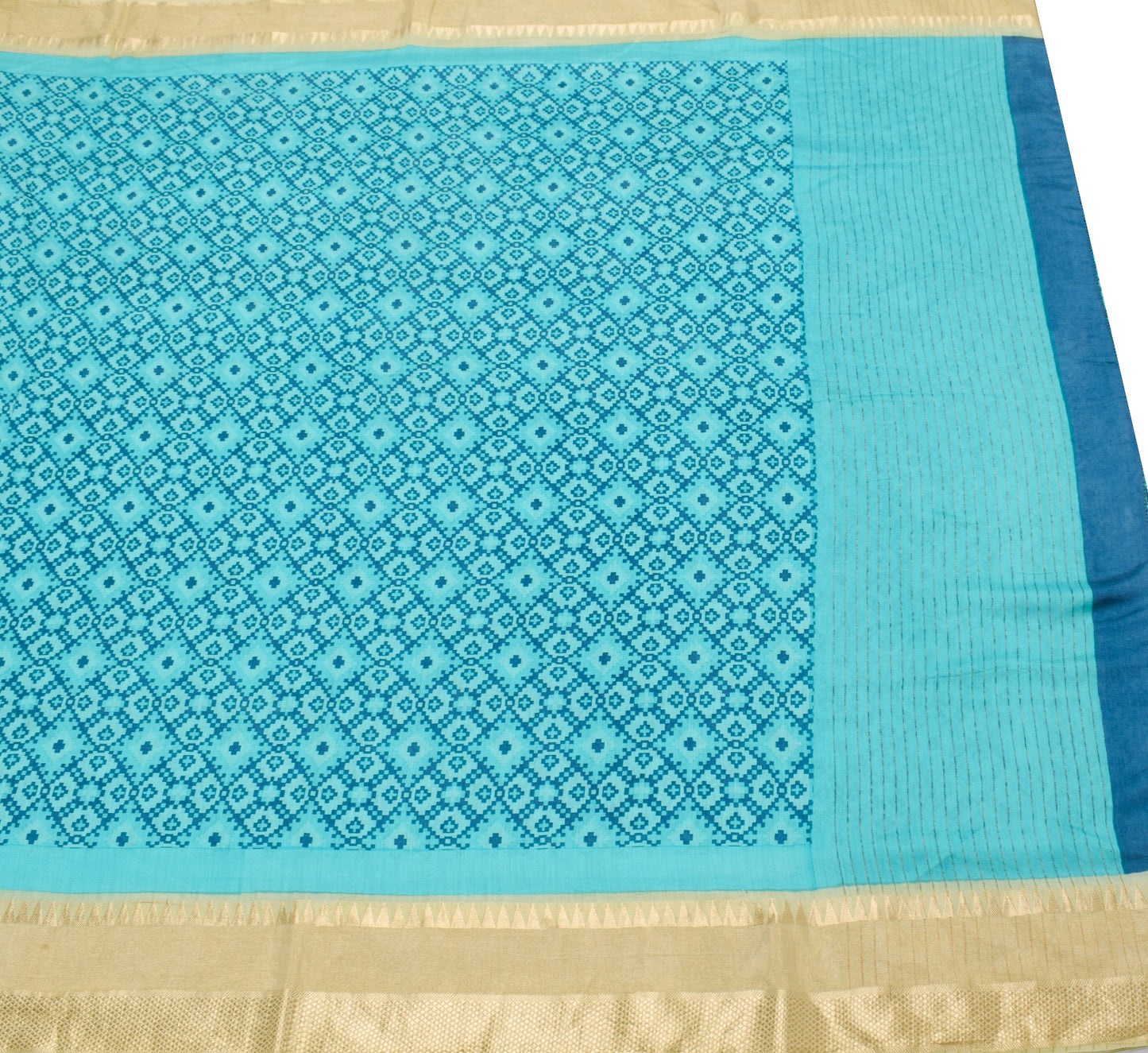 Sushila Vintage Aqua Blue Saree with Zari Woven Border Pure Woolen Sari Fabric