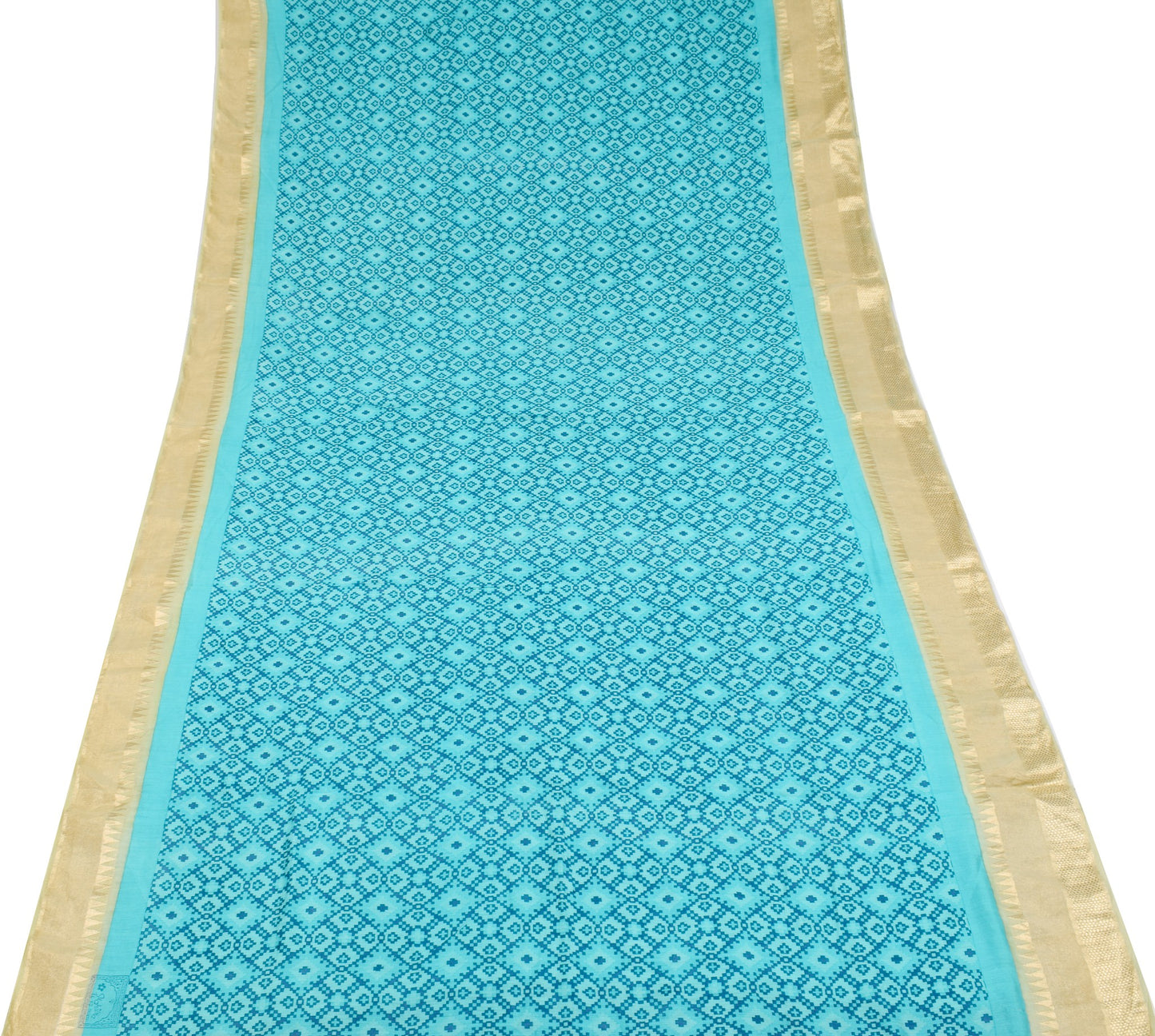 Sushila Vintage Aqua Blue Saree with Zari Woven Border Pure Woolen Sari Fabric