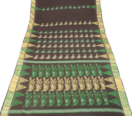 Sushila Vintage Brown Scrap Saree Pure Cotton Hand Woven Remnant Sari Fabric