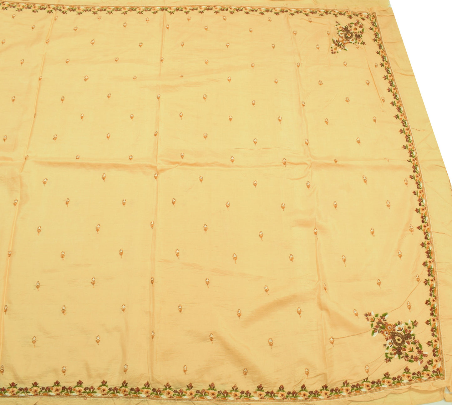 Sushila Vintage Hand Embroidered Saree Beige Pure Silk Floral Sari Soft Fabric