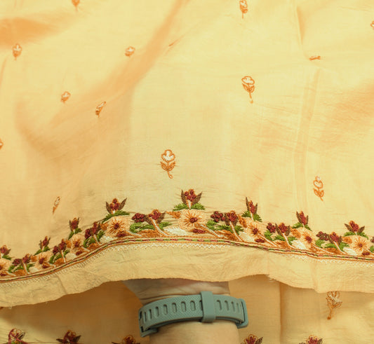 Sushila Vintage Hand Embroidered Saree Beige Pure Silk Floral Sari Soft Fabric
