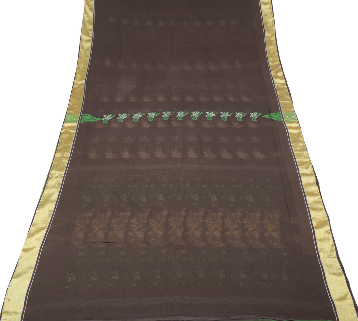 Sushila Vintage Brown Scrap Saree Pure Cotton Hand Woven Remnant Sari Fabric