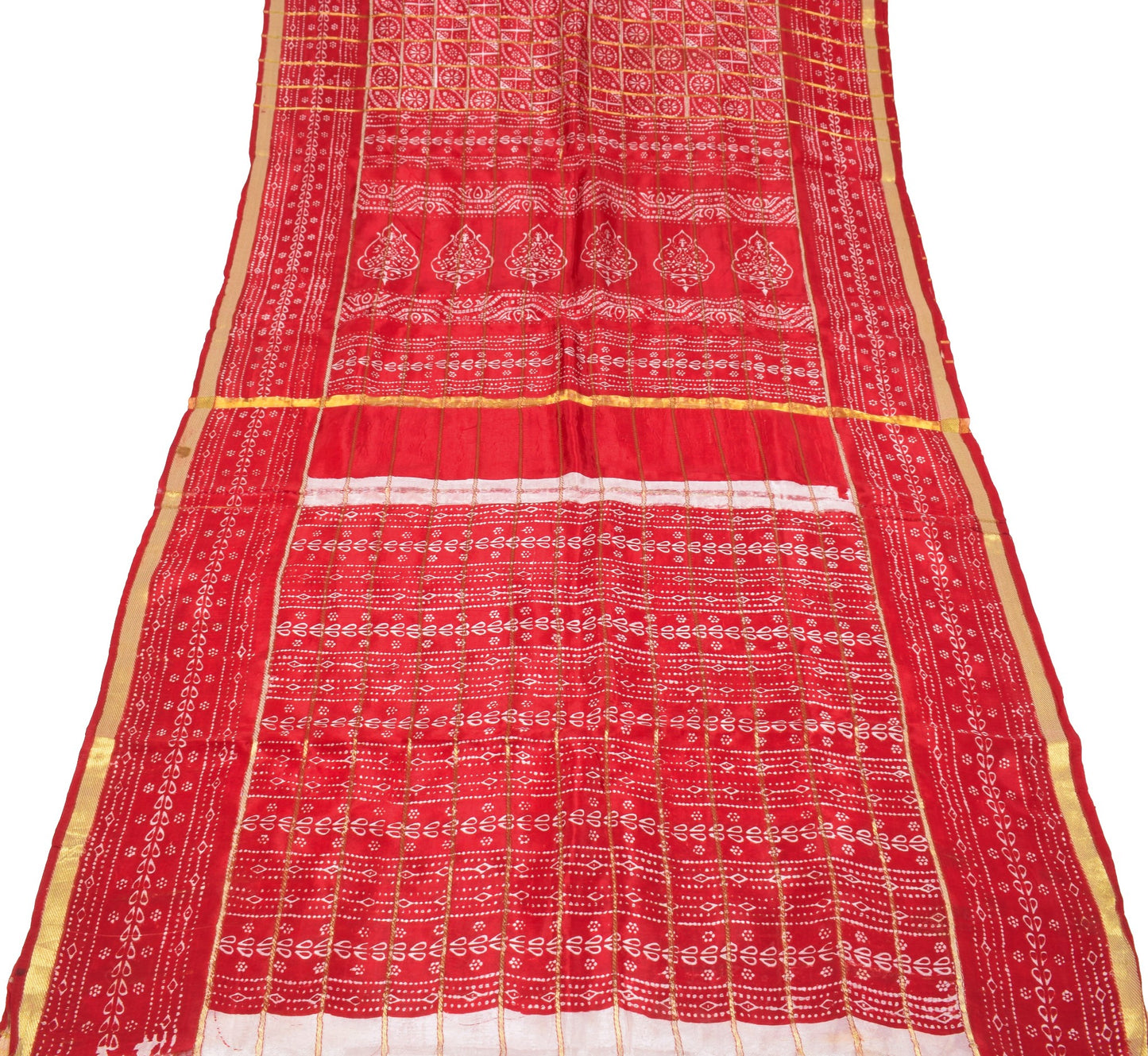 Sushila Vintage Red Bandhani Saree Pure Silk Zari Woven Sari with Blouse Fabric