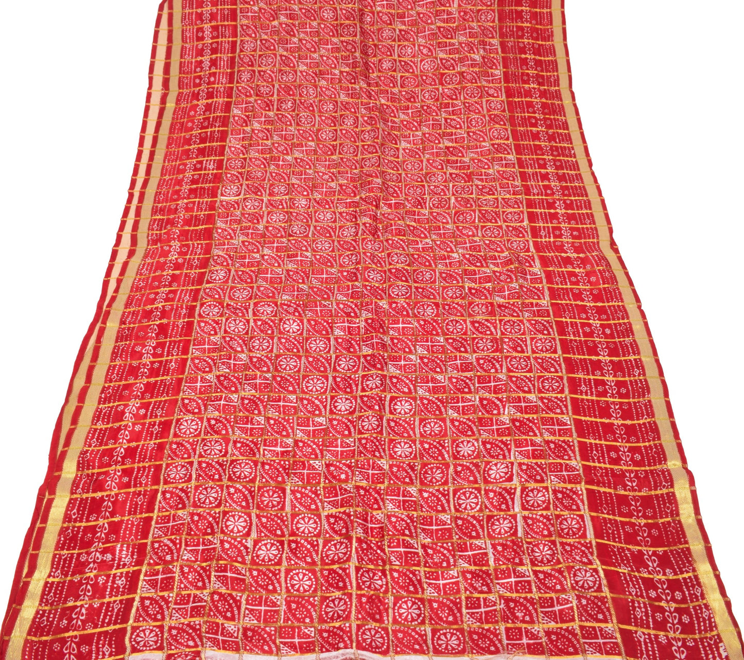 Sushila Vintage Red Bandhani Saree Pure Silk Zari Woven Sari with Blouse Fabric