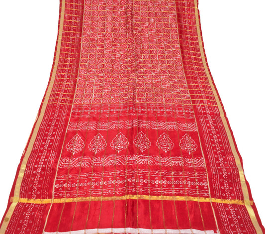 Sushila Vintage Red Bandhani Saree Pure Silk Zari Woven Sari with Blouse Fabric