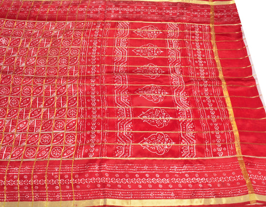 Sushila Vintage Red Bandhani Saree Pure Silk Zari Woven Sari with Blouse Fabric