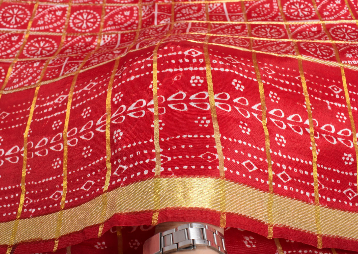 Sushila Vintage Red Bandhani Saree Pure Silk Zari Woven Sari with Blouse Fabric