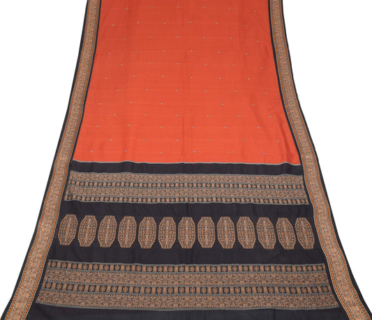 Sushila Vintage Rust Hand Woven Saree Patch Border Pure Cotton 6 YD Sari Fabric