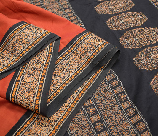 Sushila Vintage Rust Hand Woven Saree Patch Border Pure Cotton 6 YD Sari Fabric