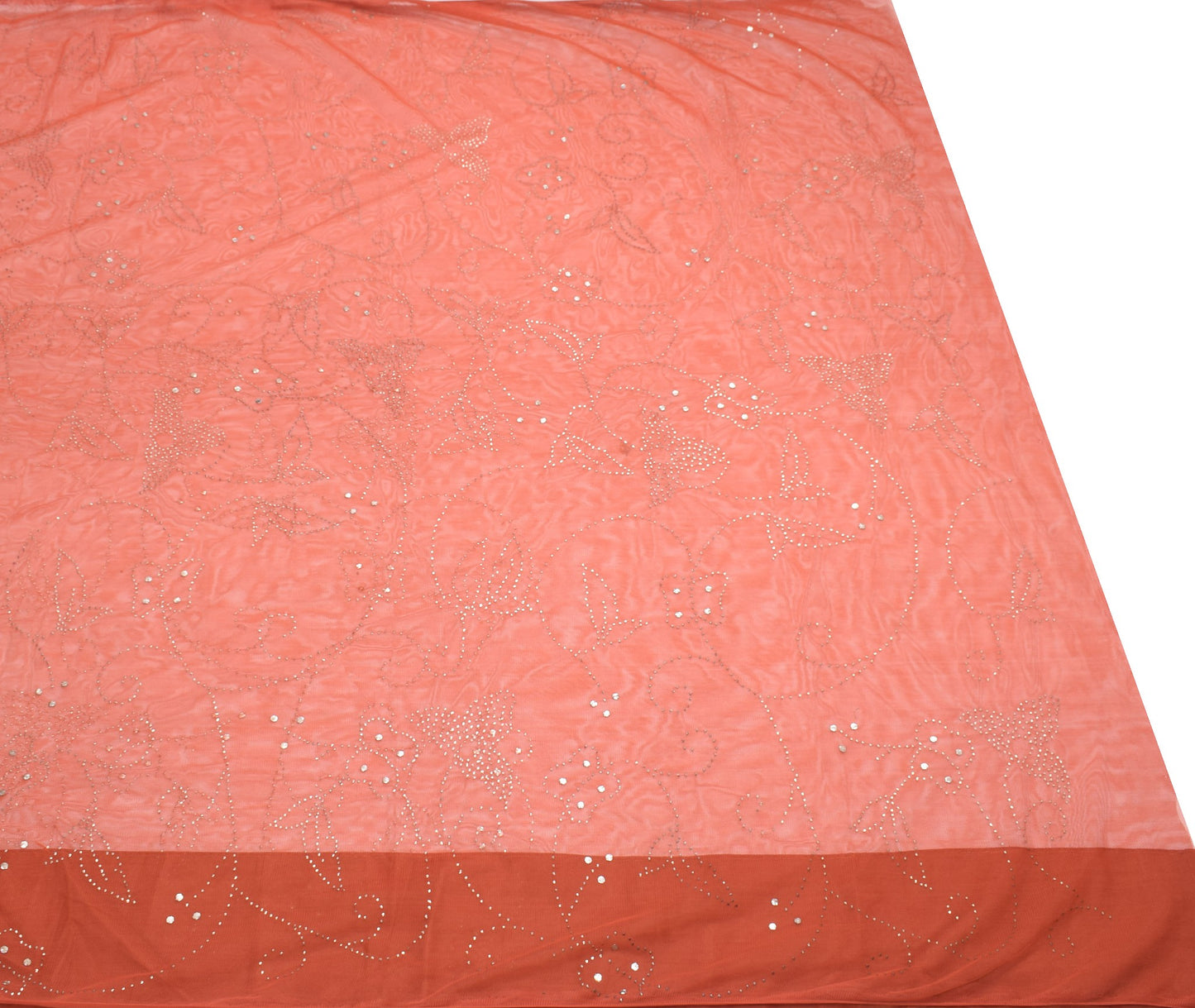 Sushila Vintage Handmade Mukesh Work Sari Rust Net Mesh Saree Fabric