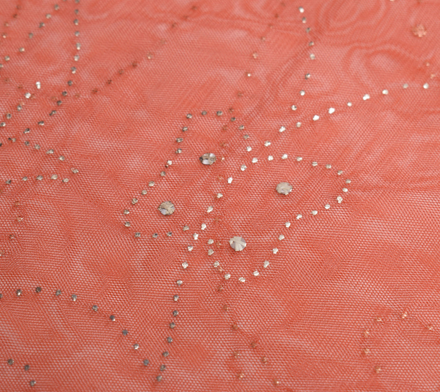 Sushila Vintage Handmade Mukesh Work Sari Rust Net Mesh Saree Fabric