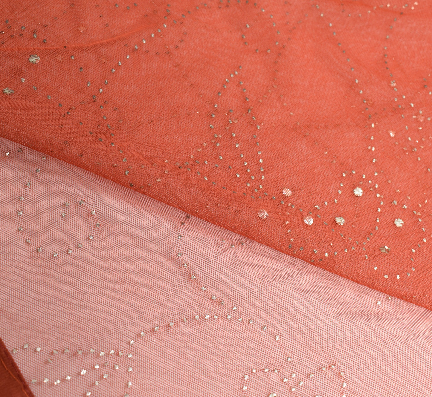Sushila Vintage Handmade Mukesh Work Sari Rust Net Mesh Saree Fabric