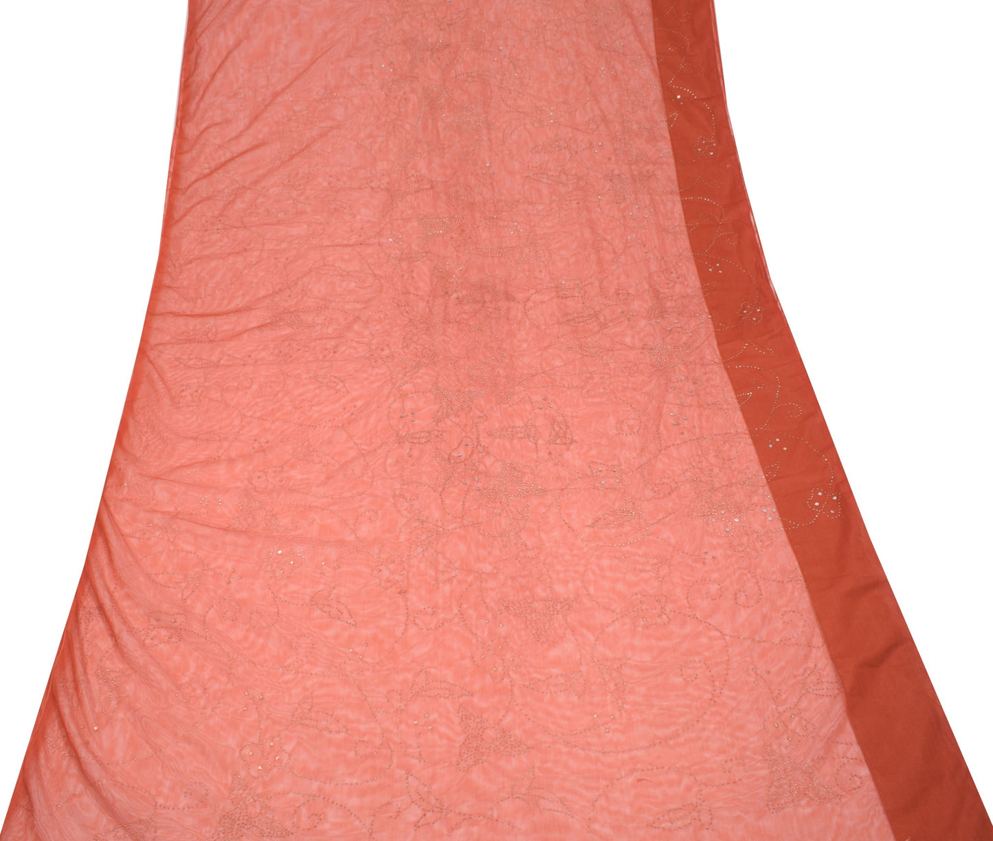 Sushila Vintage Handmade Mukesh Work Sari Rust Net Mesh Saree Fabric