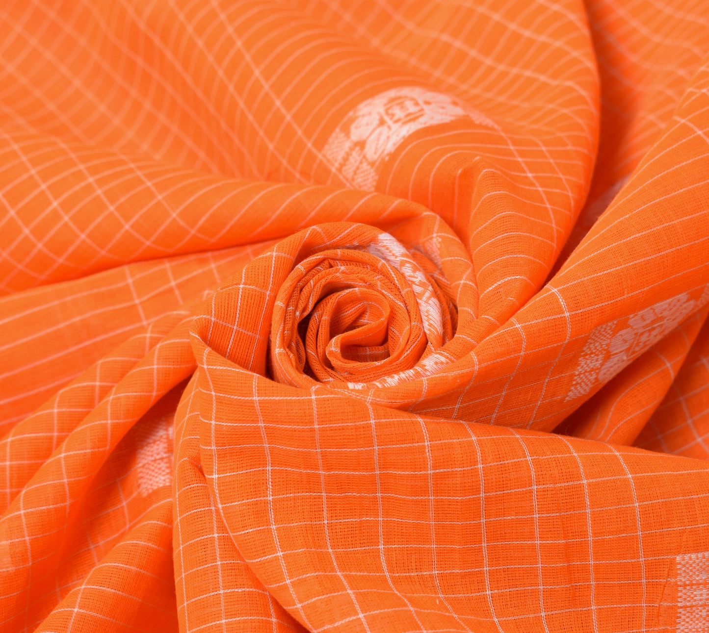 Sushila Vintage Orange Handloom Saree 100% Pure Cotton Floral Woven Sari Fabric