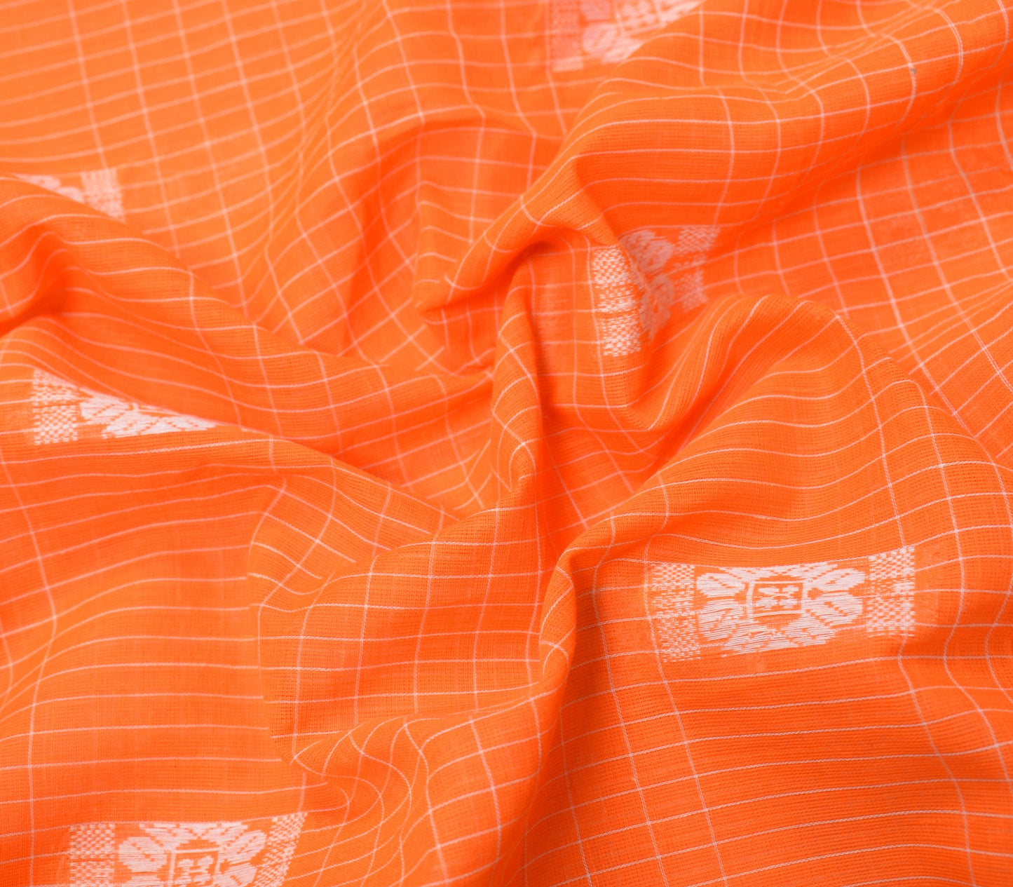 Sushila Vintage Orange Handloom Saree 100% Pure Cotton Floral Woven Sari Fabric