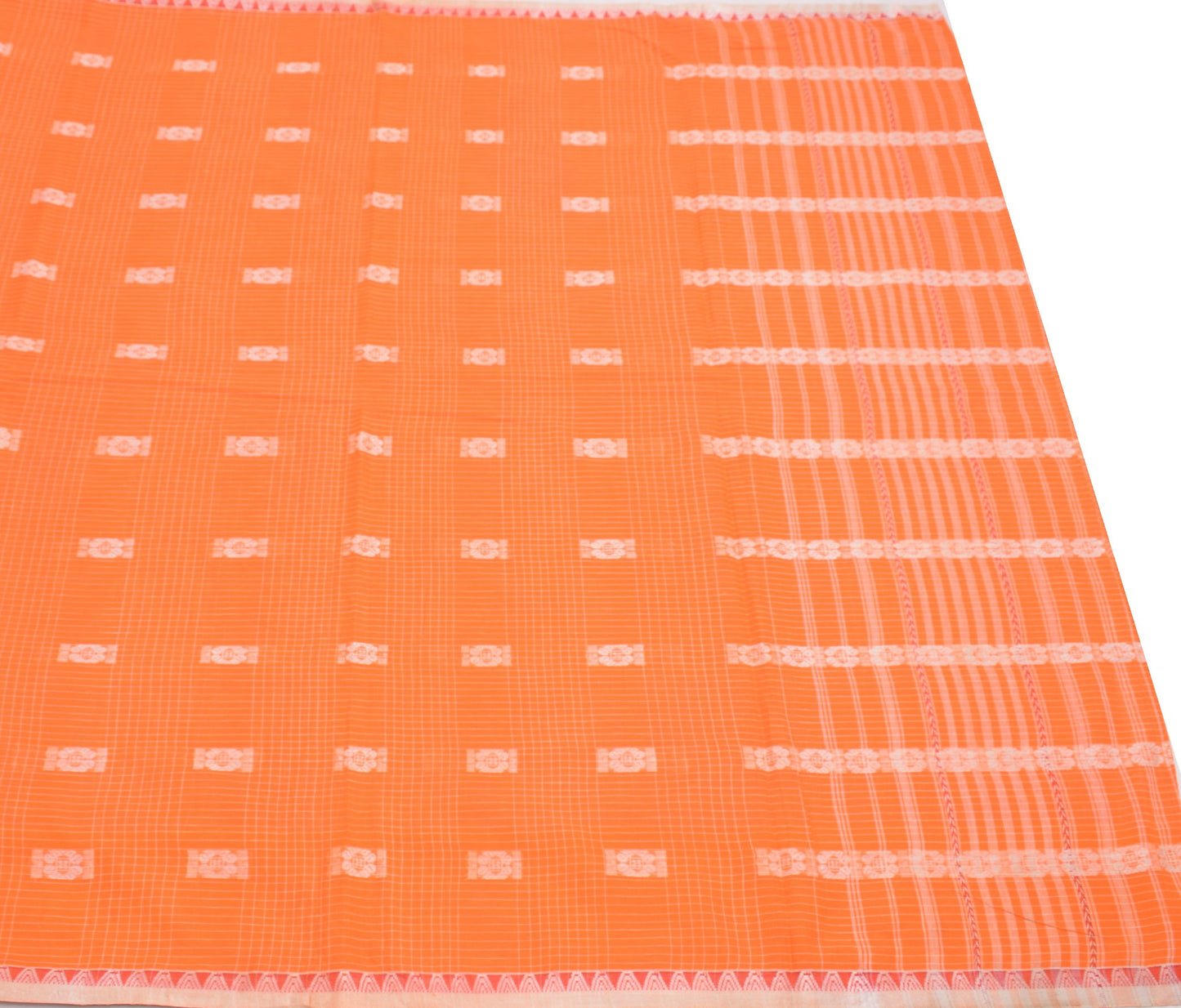 Sushila Vintage Orange Handloom Saree 100% Pure Cotton Floral Woven Sari Fabric