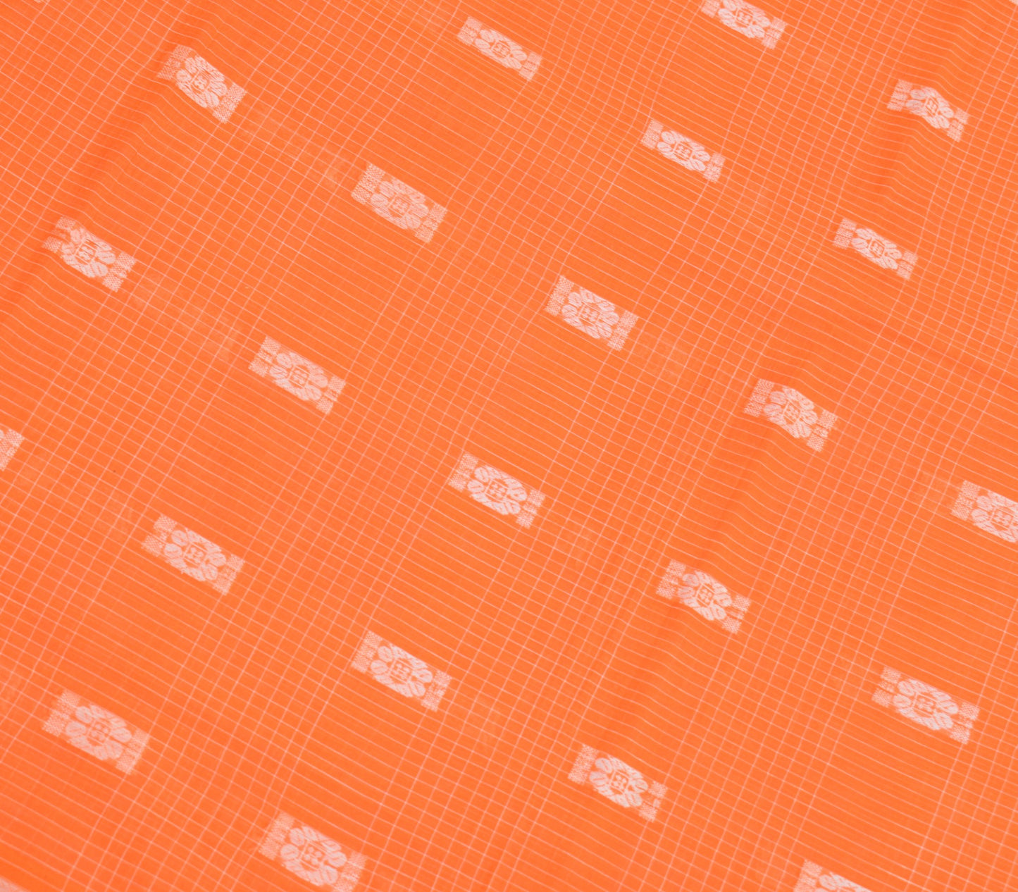 Sushila Vintage Orange Handloom Saree 100% Pure Cotton Floral Woven Sari Fabric