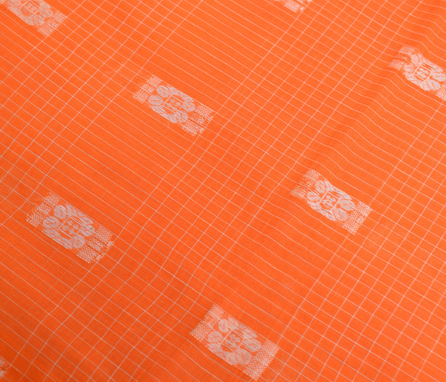 Sushila Vintage Orange Handloom Saree 100% Pure Cotton Floral Woven Sari Fabric