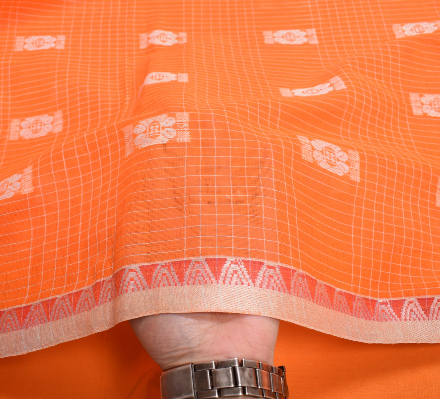 Sushila Vintage Orange Handloom Saree 100% Pure Cotton Floral Woven Sari Fabric