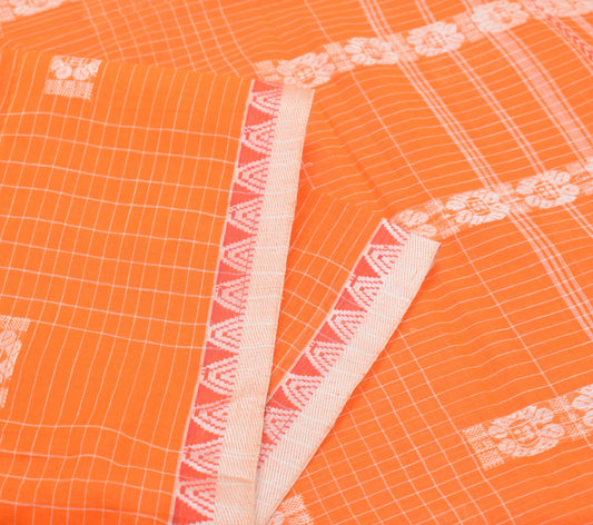 Sushila Vintage Orange Handloom Saree 100% Pure Cotton Floral Woven Sari Fabric