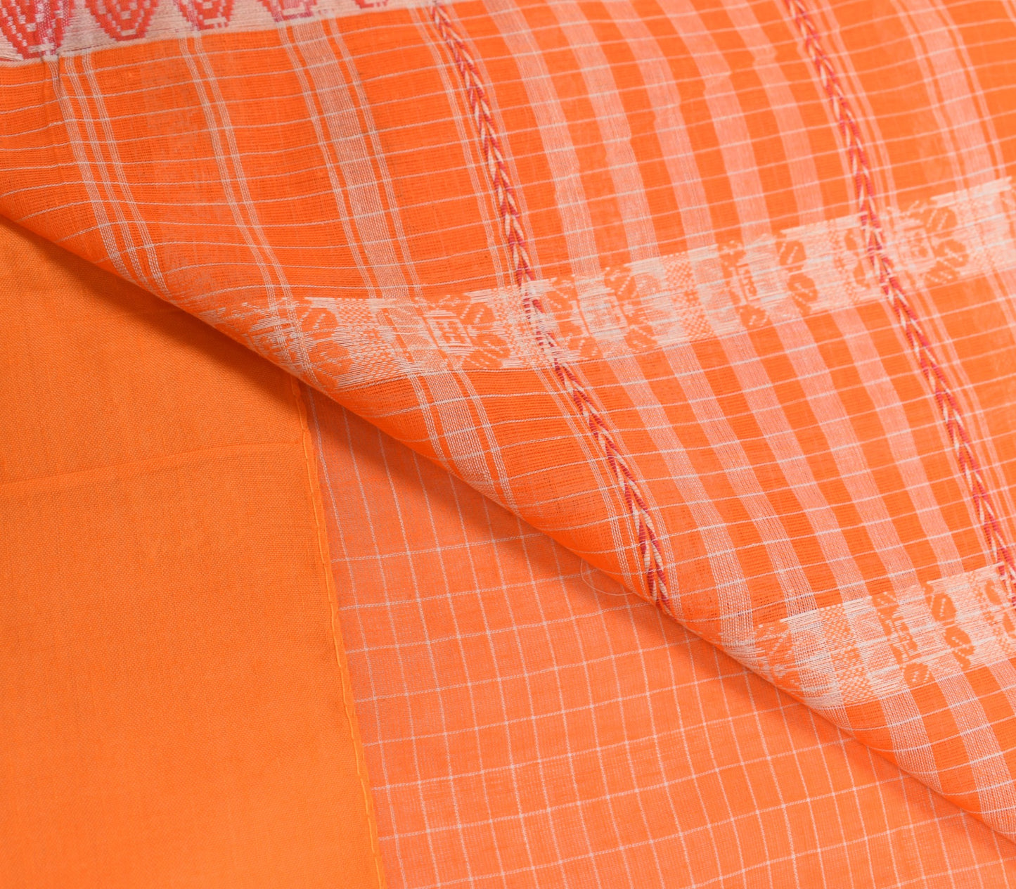 Sushila Vintage Orange Handloom Saree 100% Pure Cotton Floral Woven Sari Fabric