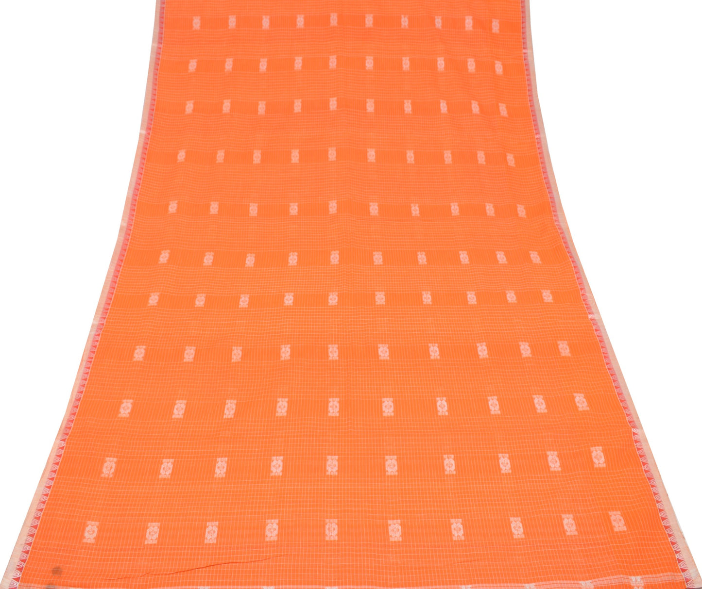 Sushila Vintage Orange Handloom Saree 100% Pure Cotton Floral Woven Sari Fabric