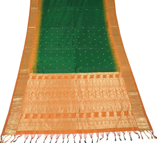 Sushila Vintage Green Saree with Mustard Zari Woven Border Pure Silk Sari Fabric