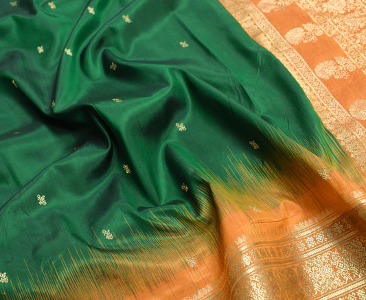 Sushila Vintage Green Saree with Mustard Zari Woven Border Pure Silk Sari Fabric