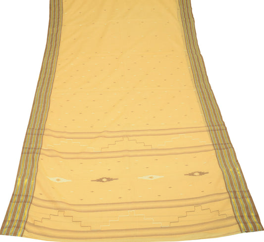 Sushila Vintage Bengal Tant Woven Saree 100% Pure Cotton Beige Soft Sari Fabric