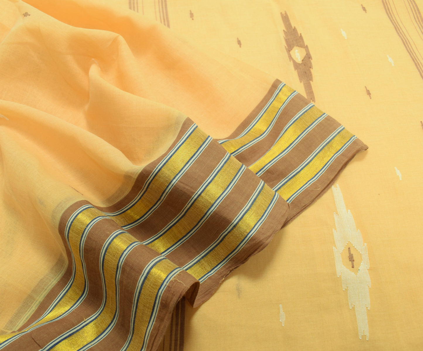 Sushila Vintage Bengal Tant Woven Saree 100% Pure Cotton Beige Soft Sari Fabric