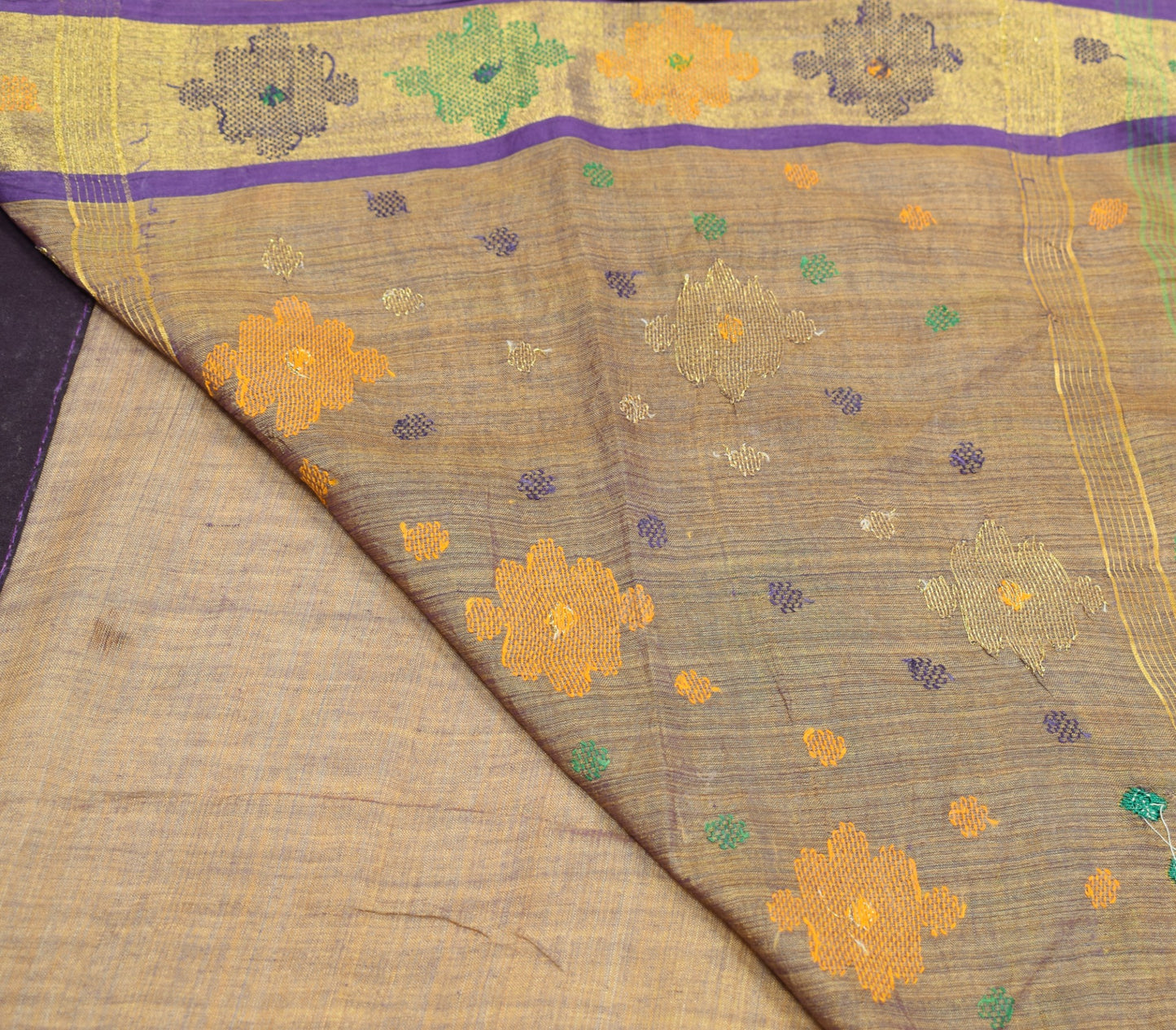 Sushila Vintage Hand Embroidered Saree Purple Dual Tone Pure Cotton Silk Sari