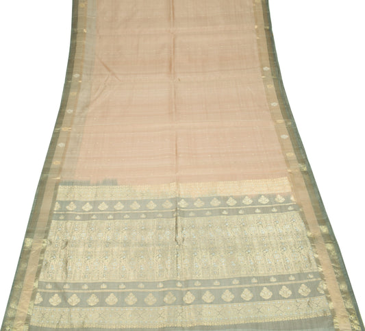 Sushila Vintage Brown Saree 100% Pure Silk Zari Brocade Floral Woven Sari Fabric