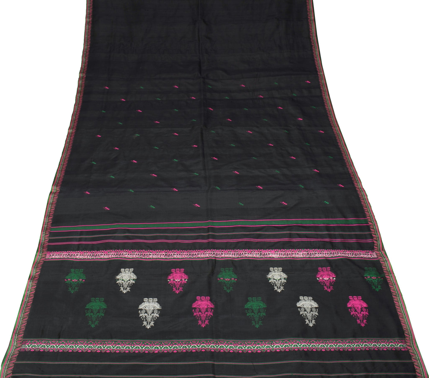 Sushila Vintage Black Saree 100% Pure Silk Hand Woven Floral 6 Yard Sari Fabric