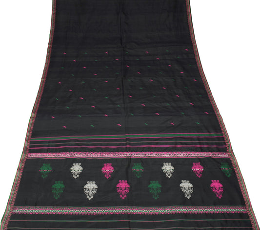Sushila Vintage Black Saree 100% Pure Silk Hand Woven Floral 6 Yard Sari Fabric