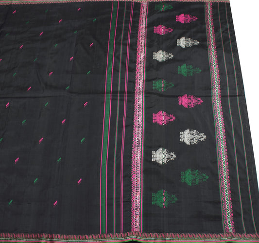 Sushila Vintage Black Saree 100% Pure Silk Hand Woven Floral 6 Yard Sari Fabric