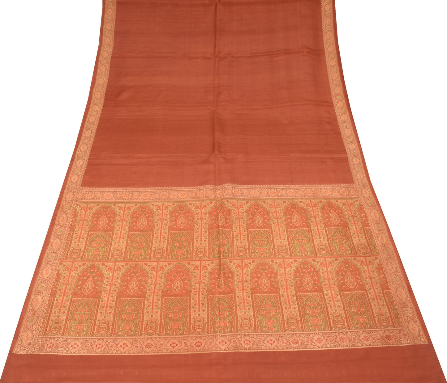 Sushila Vintage Rust Saree with Woven Border Pallu Pure Silk Indian Sari Fabric