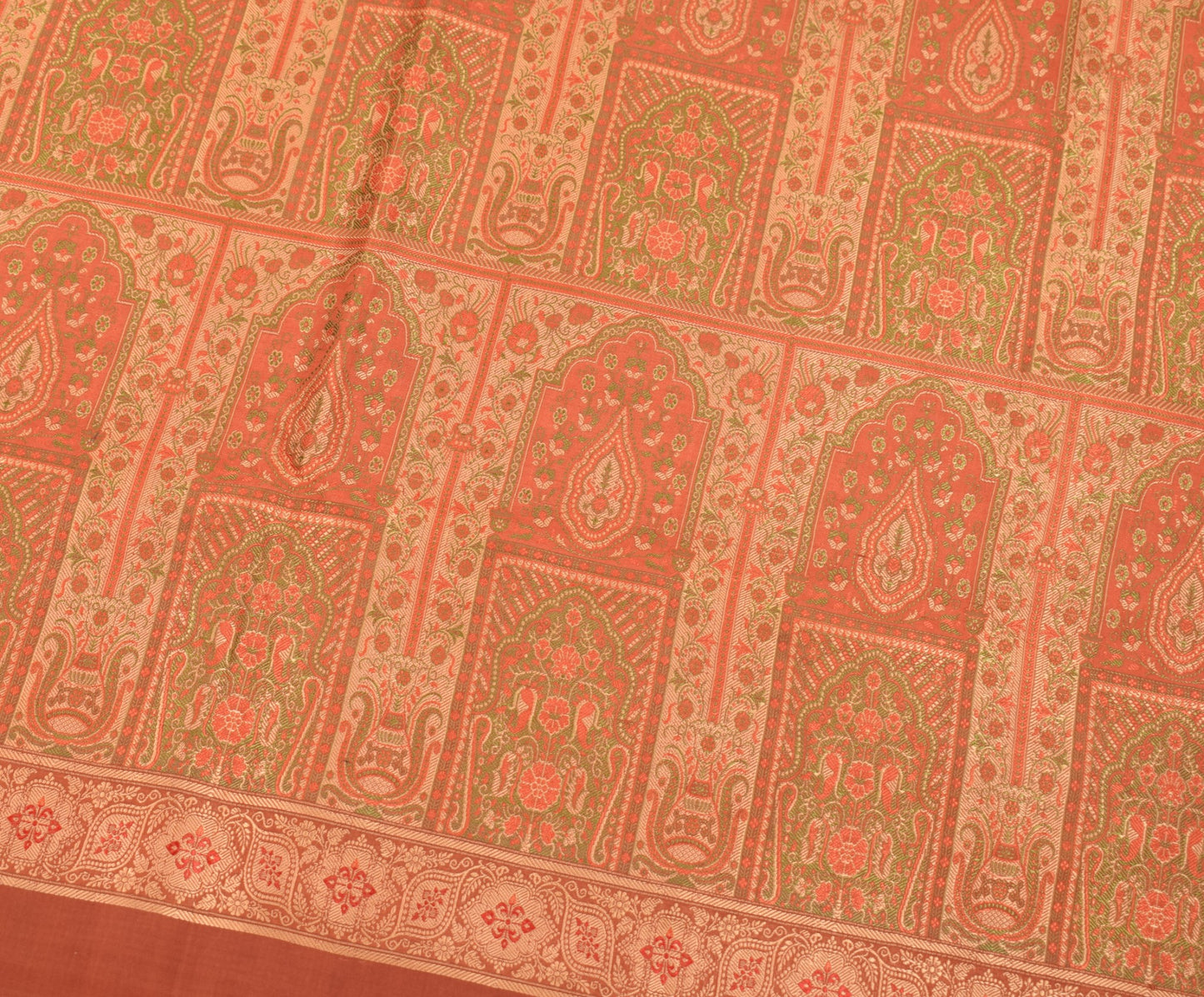 Sushila Vintage Rust Saree with Woven Border Pallu Pure Silk Indian Sari Fabric