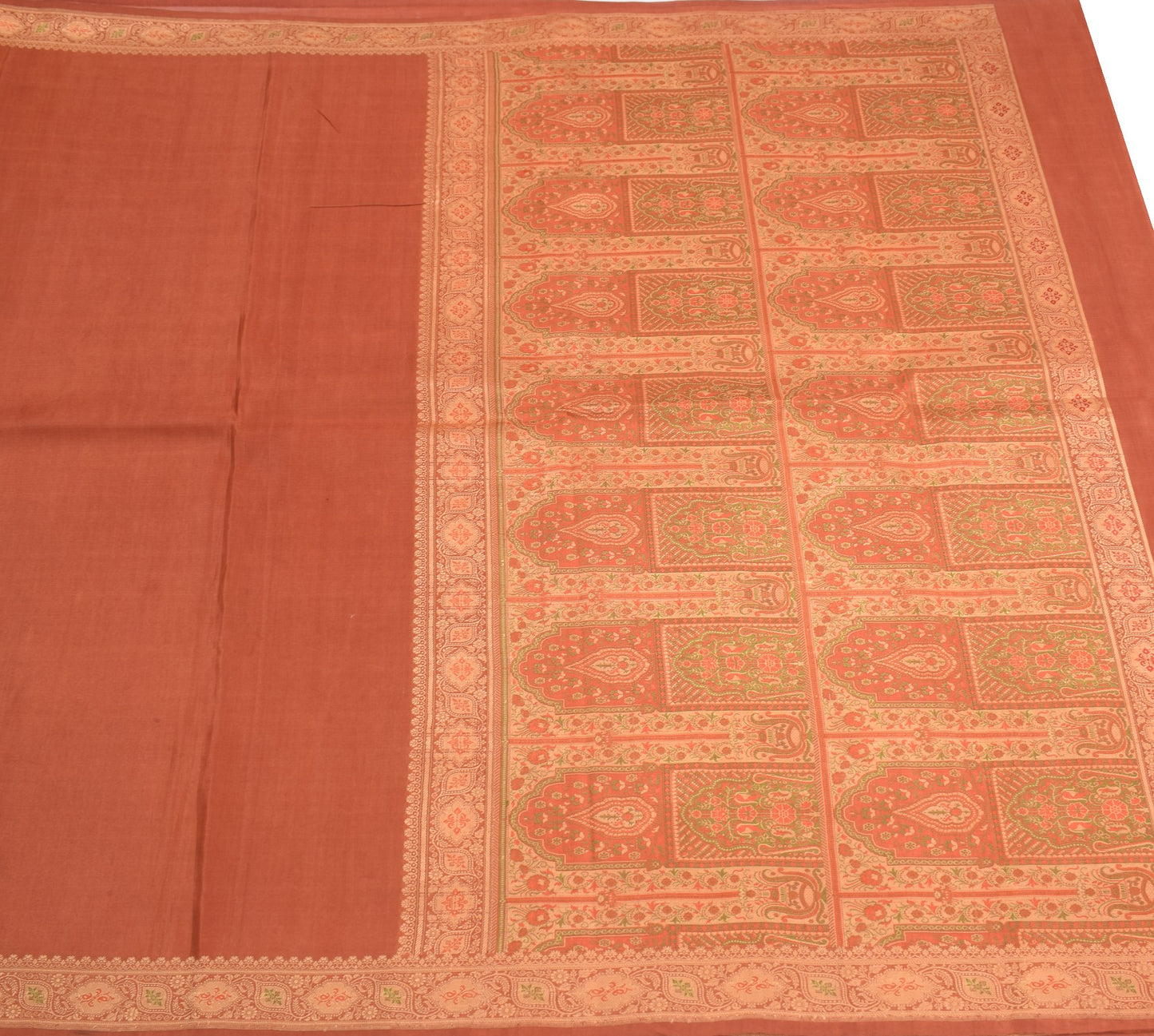 Sushila Vintage Rust Saree with Woven Border Pallu Pure Silk Indian Sari Fabric