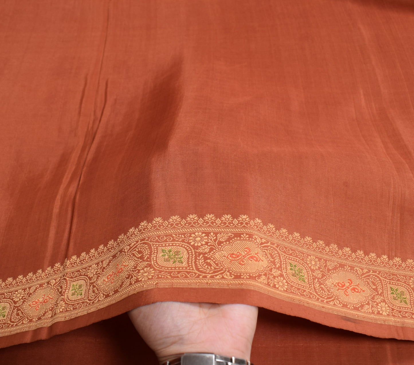 Sushila Vintage Rust Saree with Woven Border Pallu Pure Silk Indian Sari Fabric
