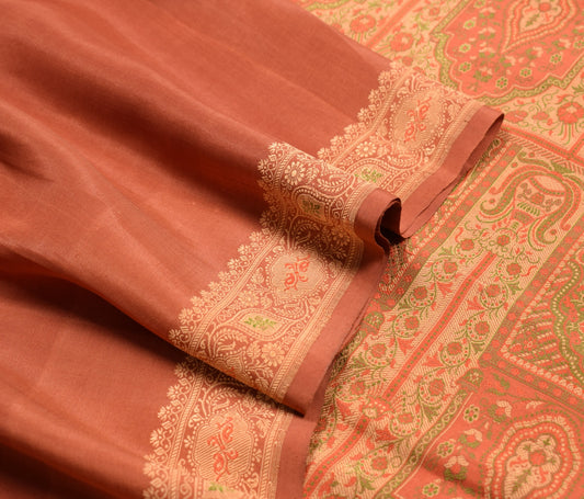 Sushila Vintage Rust Saree with Woven Border Pallu Pure Silk Indian Sari Fabric