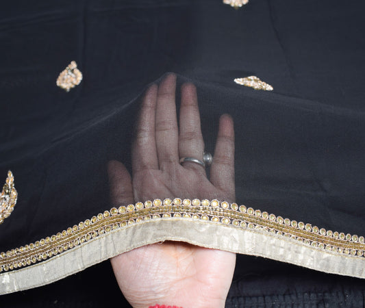 Sushila Vintage Black Sari Golden Embroidered Border Pure Georgette Saree Fabric