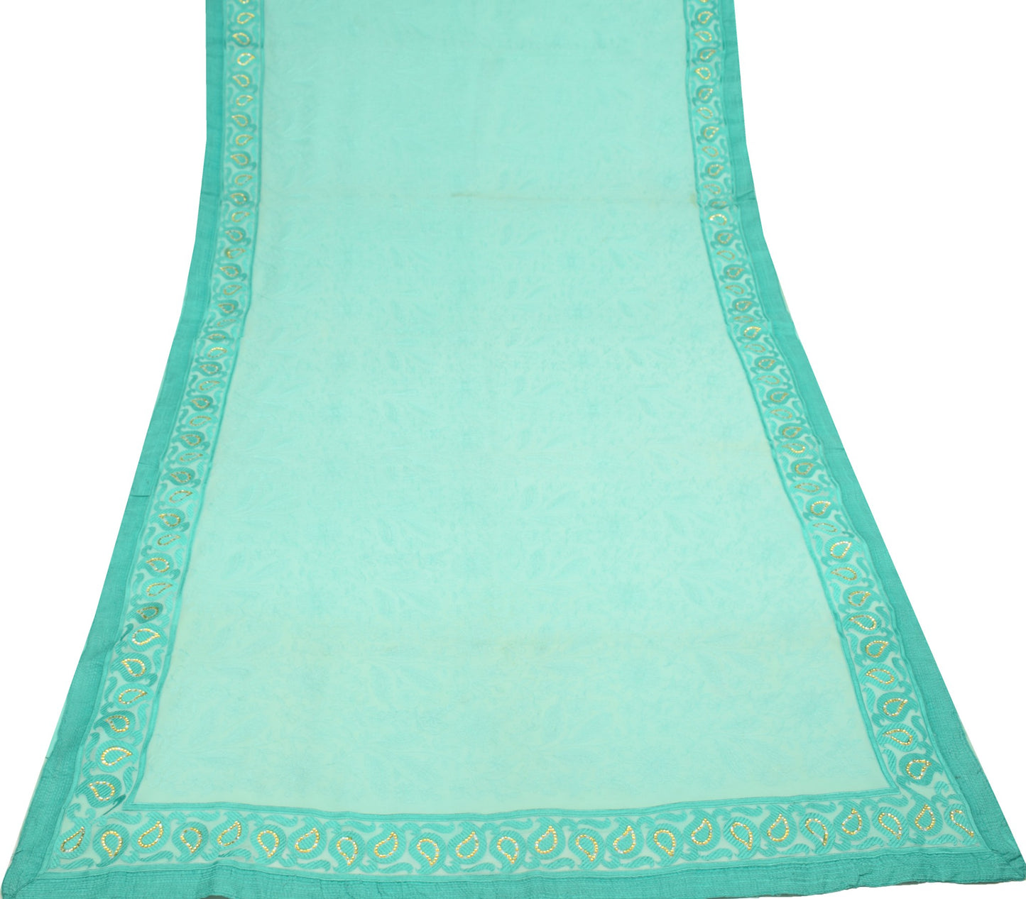 Sushila Vintage Aqua Green Saree HEAVY Embroidered Pure Georgette Sari Fabric