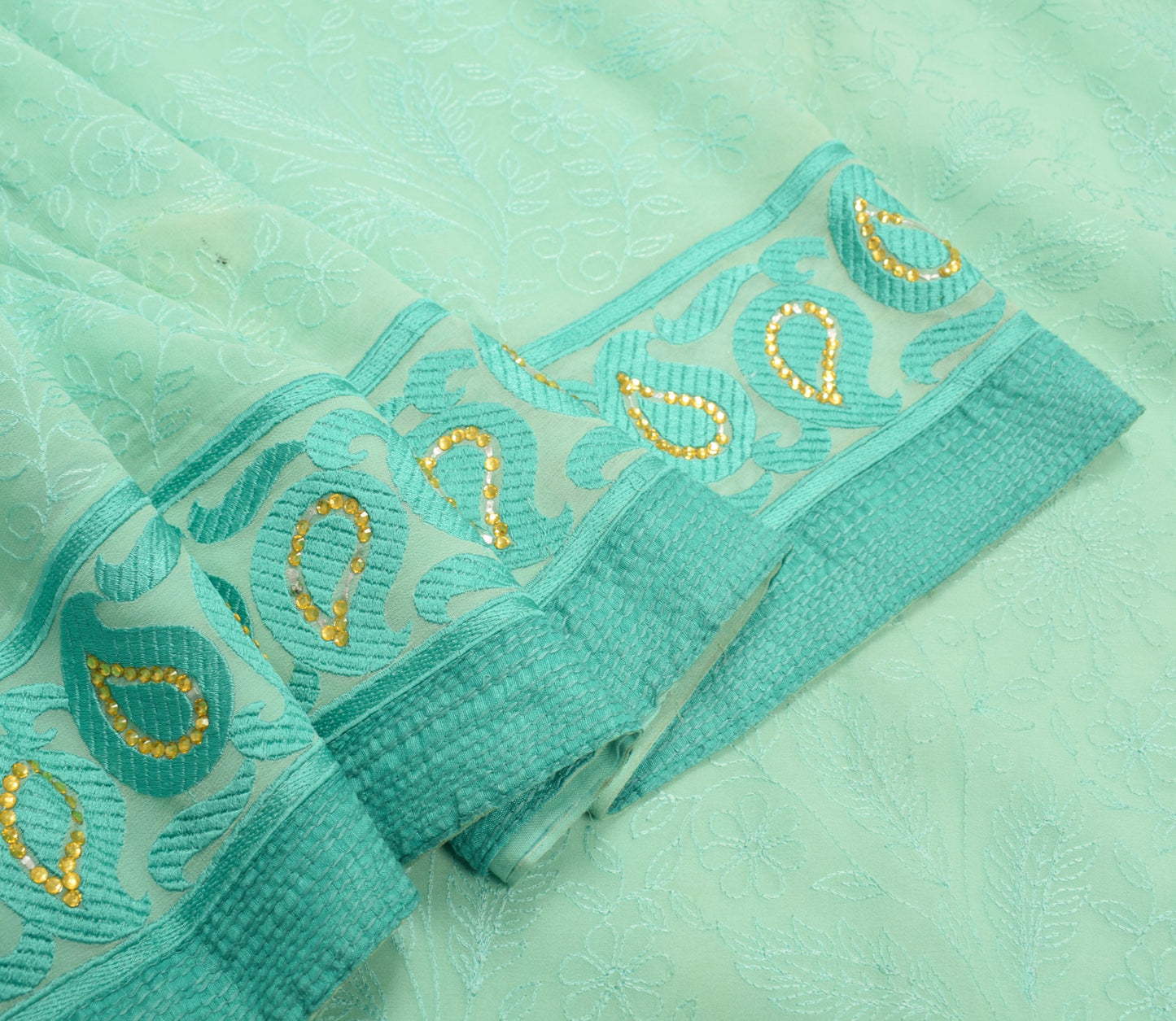 Sushila Vintage Aqua Green Saree HEAVY Embroidered Pure Georgette Sari Fabric