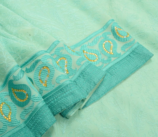 Sushila Vintage Aqua Green Saree HEAVY Embroidered Pure Georgette Sari Fabric