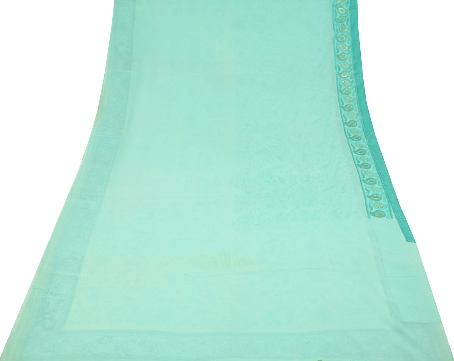 Sushila Vintage Aqua Green Saree HEAVY Embroidered Pure Georgette Sari Fabric