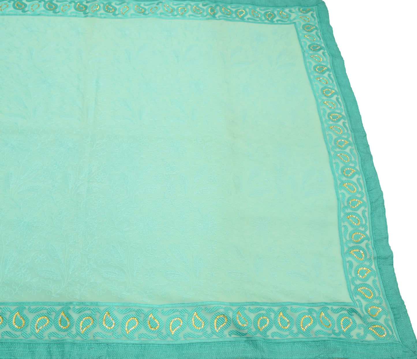 Sushila Vintage Aqua Green Saree HEAVY Embroidered Pure Georgette Sari Fabric