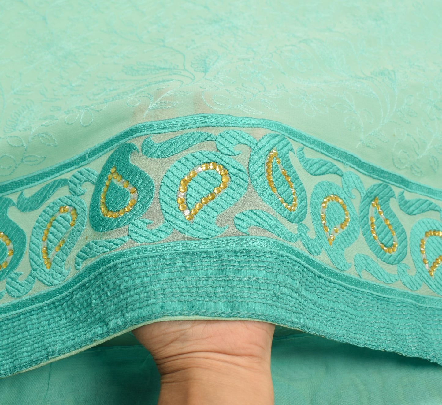 Sushila Vintage Aqua Green Saree HEAVY Embroidered Pure Georgette Sari Fabric